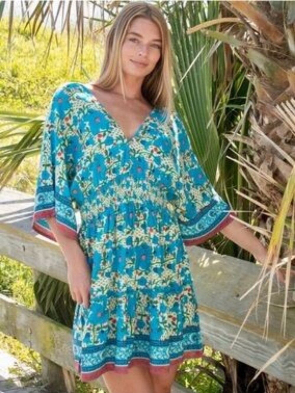 Natural Life Blue Floral Boho V-Neck Smocked Waist Tunic Dress XL - Picture 2 of 6
